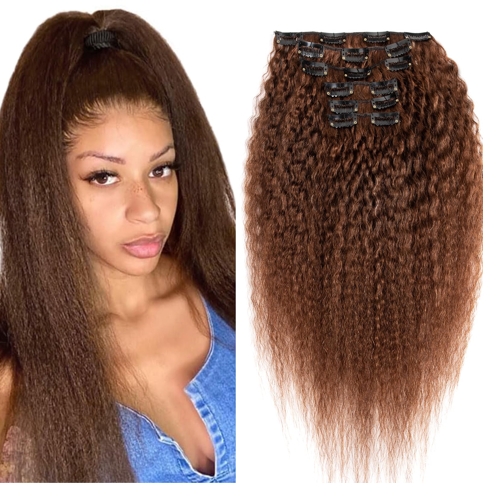 22 Inch Brown Kinky Straight Clip in Hair Extensions Real Human Hair for Black Women Full Head 8A Brazilian Real Hair Yaki Human Hair Clip ins Natural Color 6 pcs 16 clips — image 1