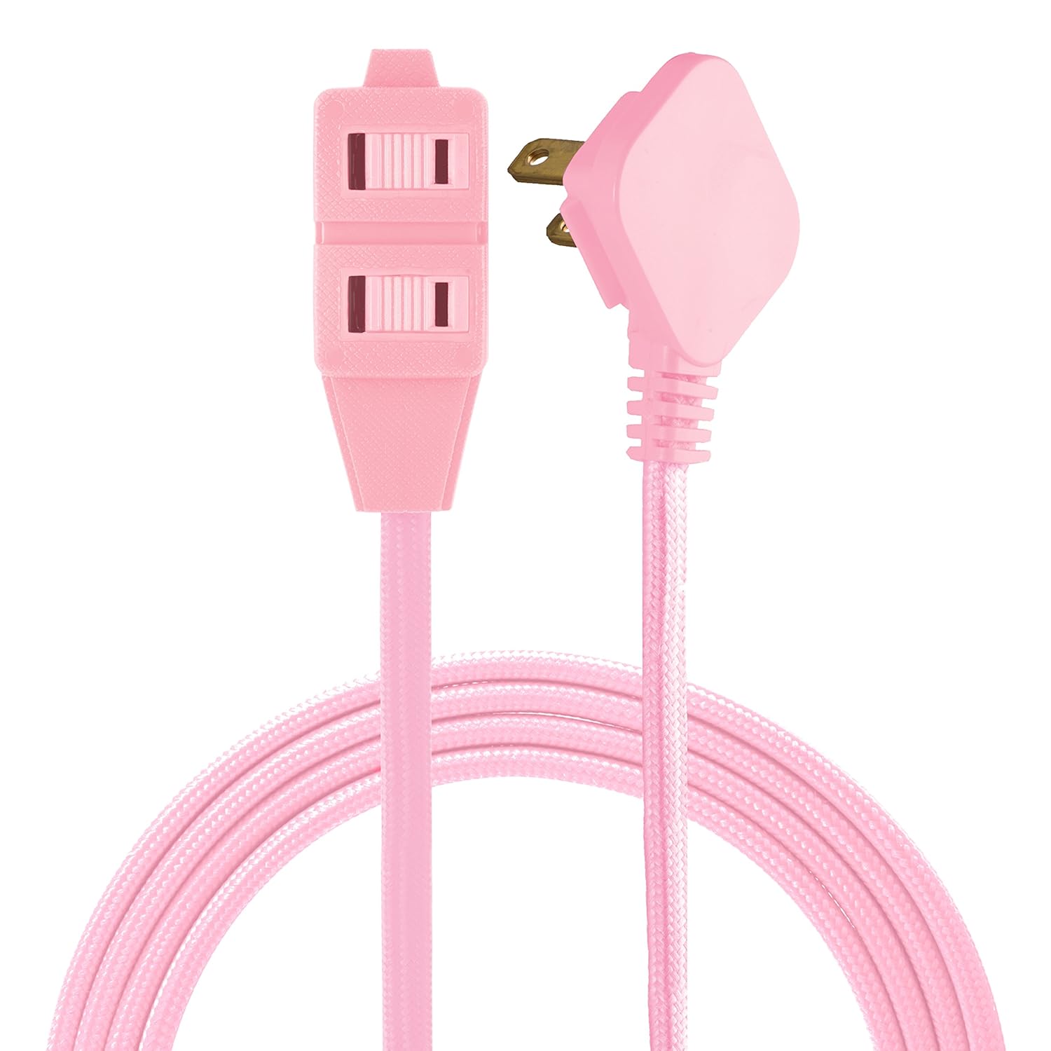 Cordinate Designer 3-Outlet Extension, 2 Prong Power Strip, Extra Long 8 Ft Cable with Flat Plug, Braided Chevron Fabric Cord, Slide-to-Lock Safety, Light Pink, 39986