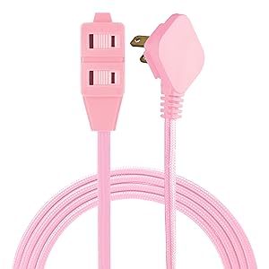Cordinate Designer 3-Outlet Extension, 2 Prong Power Strip, Extra Long 8 Ft Cable with Flat Plug, Braided Chevron Fabric Cord, Slide-to-Lock Safety, Light Pink, 39986