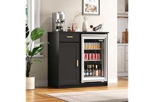 Herture Mini Fridge Cabinet,Coffee Bar Cabinet with Fridge Space & Wine Storage with Outlets,Fits 24" Fridge,Mini Fridge Stand,Buffet Sideboard Table Wine Cabinet for Kitchen Dining Room Black KH05MRB