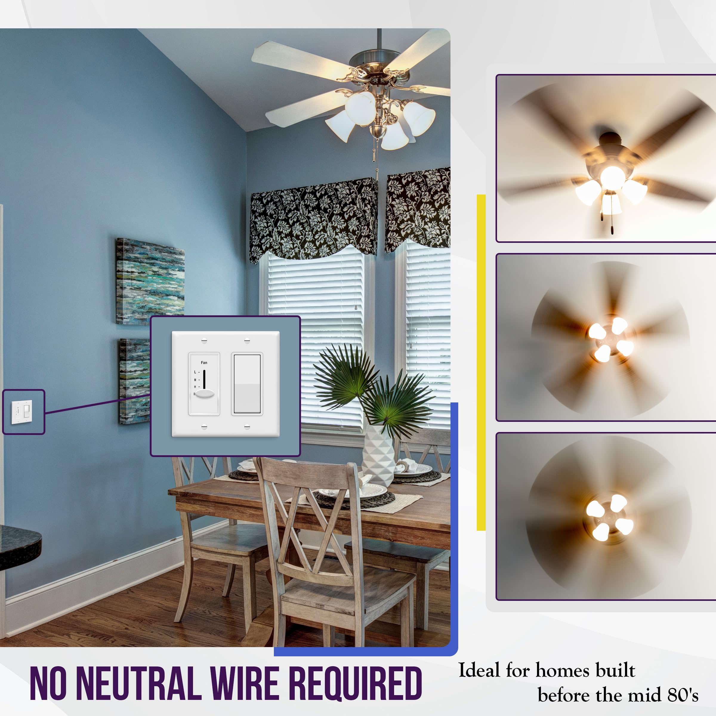 ENERLITES 3 Speed In Wall Ceiling Fan Control, Slide switch, 120VAC, 2.5A, Single-Pole, No Neutral Wire Required, 17000-F3-W-F, White