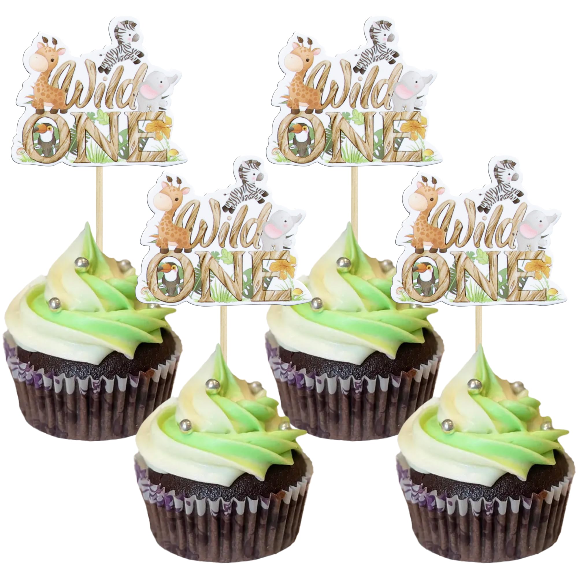 Photo 1 of Gyufise 36Pcs Wild One Cupcake Toppers Jungle Animal One Cupcake Picks 1st Birthday Baby Shower Cake Decorations Jungle Safari Theme Kids Birthday Party Supplies Decorations Green