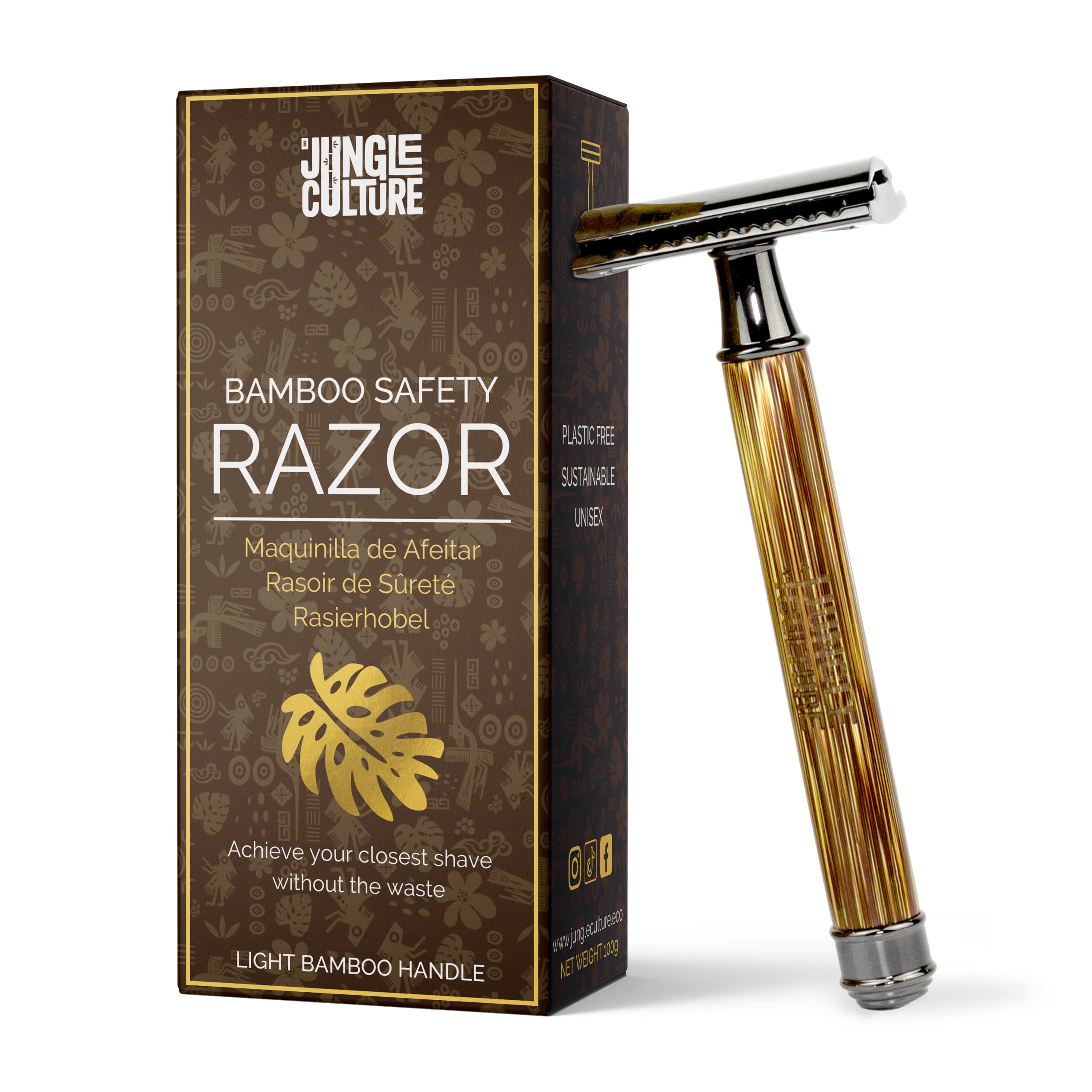 Jungle Culture® Bamboo Safety Razor for Men & Women • Premium Eco Friendly Razor • Fits Double Edge Blades • Zero Waste • Light Wood Handle Slim