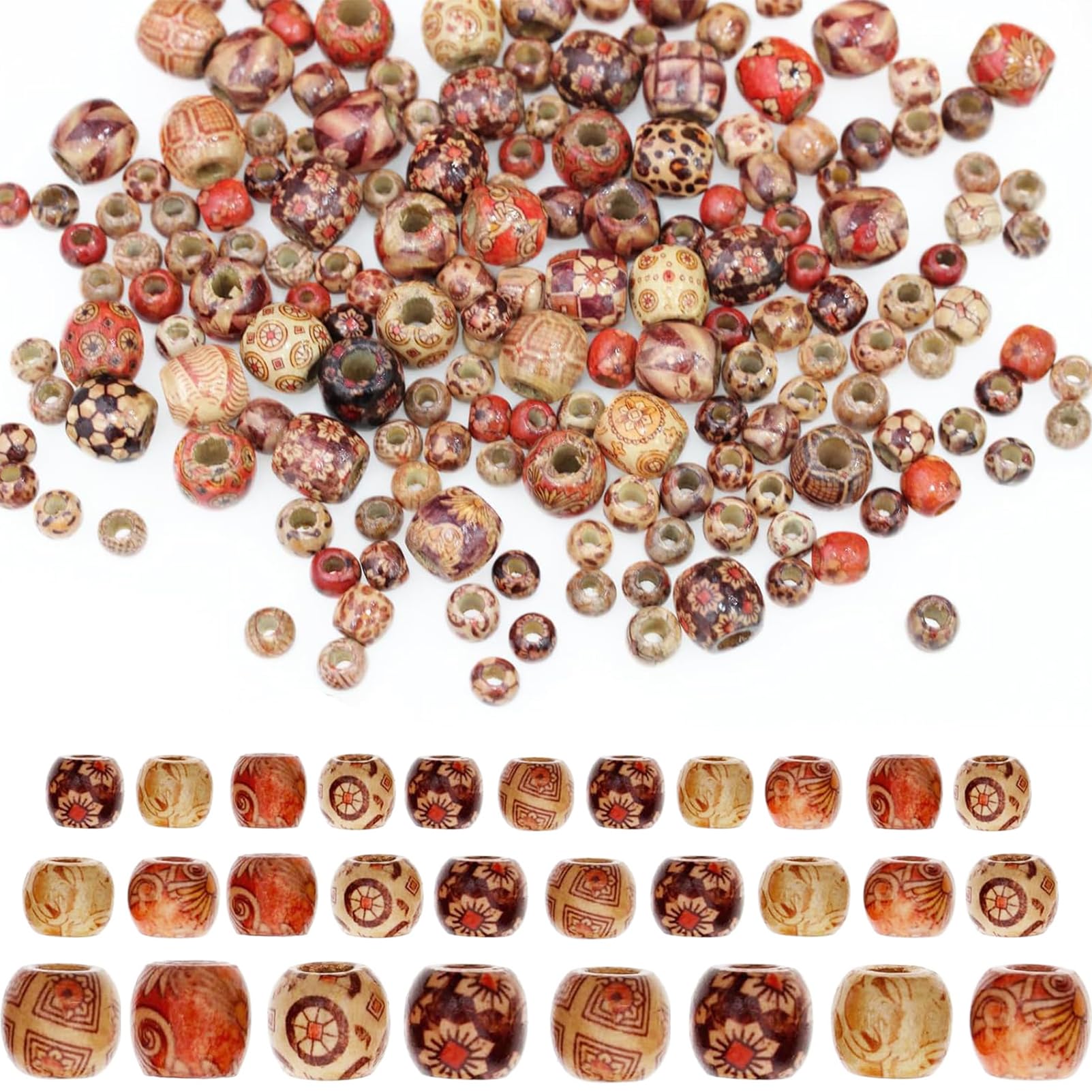 300Pcs BetterJonny Large Hole Barrel Wood Beads - 10/12/17mm Multicolor Natural Wooden Spacer for Macrame Rosary Bracelet Jewelry Craft Making