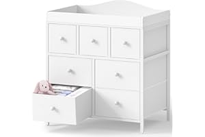 BOLUO Changing Table Dresser with Storage, Baby Dresser with Changing Table Top Diaper Changing Station with 7 Fabric Drawers for Nursery Modern