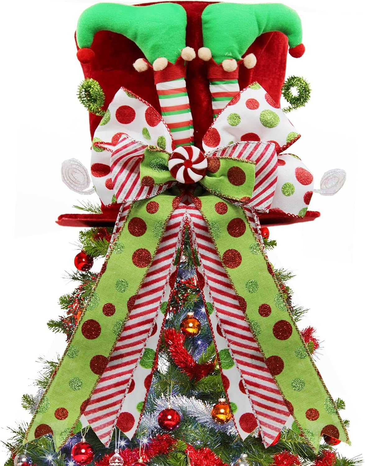 Tree Toppers - Christmas Tree Topper Hat with Pre-Tied Large Elf Leg Bowknot Decor, Red&Green Dots Xmas Tree Topper for Winter Holiday Party Home Decoration