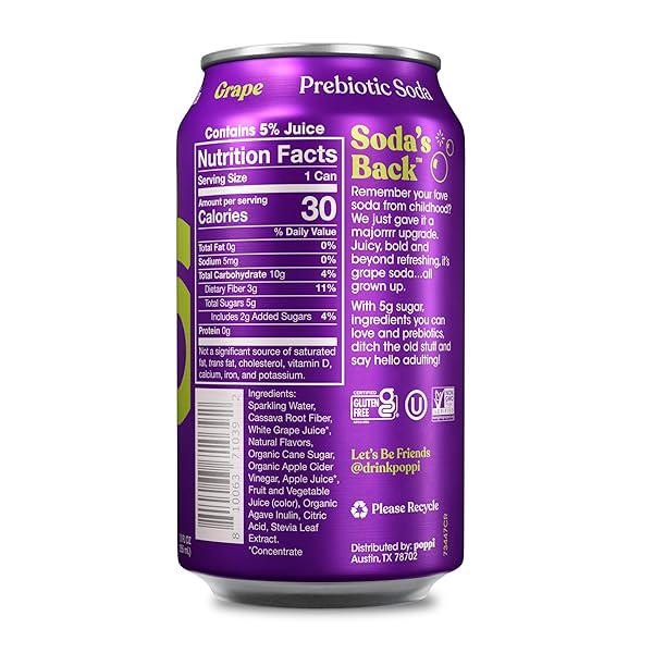 POPPI SPARKLING PREBIOTIC SODA BEVERAGE WITH APPLE CIDER VINEGAR, SELTZER WATER AND FRUIT JUICE, GRAPE FLAVOR, 12 FL OZ, 1 COUNT, PACKAGING MAY VARY