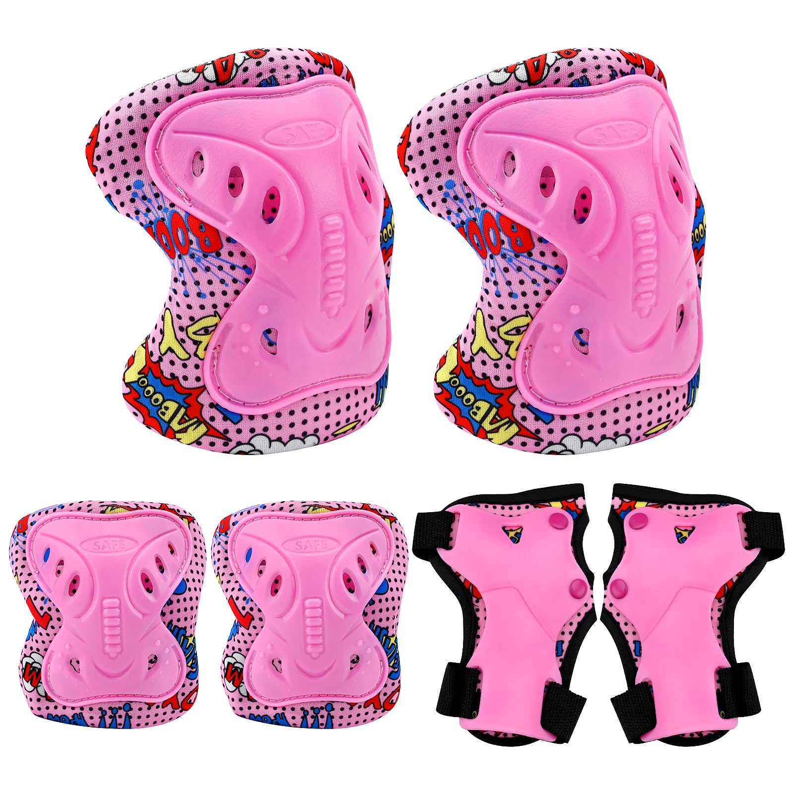 Fadcaer Children 6 in 1 Kids Protective Gear Set, Knee Pads Elbow Pads Wrist Guards for Multi Sports Skateboard Inline Roller Skates Cycling Biking BMX Bicycle (Child-pink)