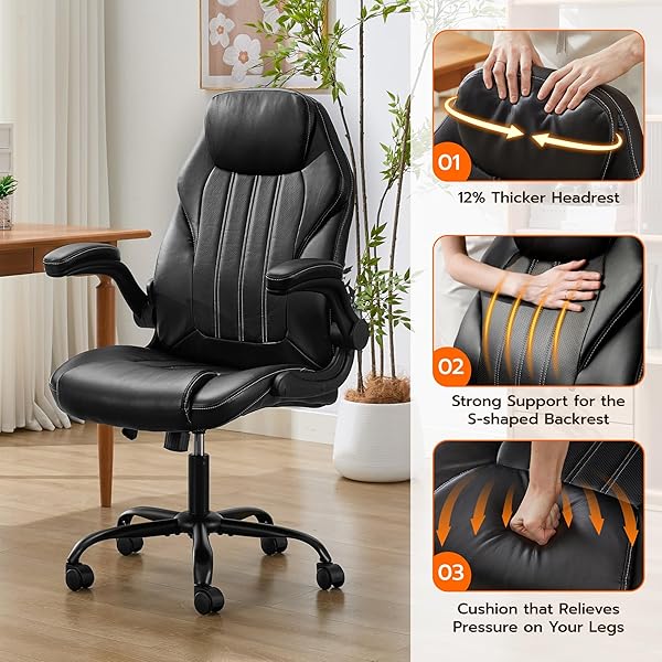 OFFICE DESK CHAIR, ERGONOMIC COMPUTER CHAIR WITH PADDED FLIP-UP ARMS AND ADJUSTABLE LUMBAR SUPPORT, PU LEATHER EXECUTIVE CHAIR WITH TILT LOCK AND 360° SWIVEL ROLLING WHEELS FOR WORK, STUDY