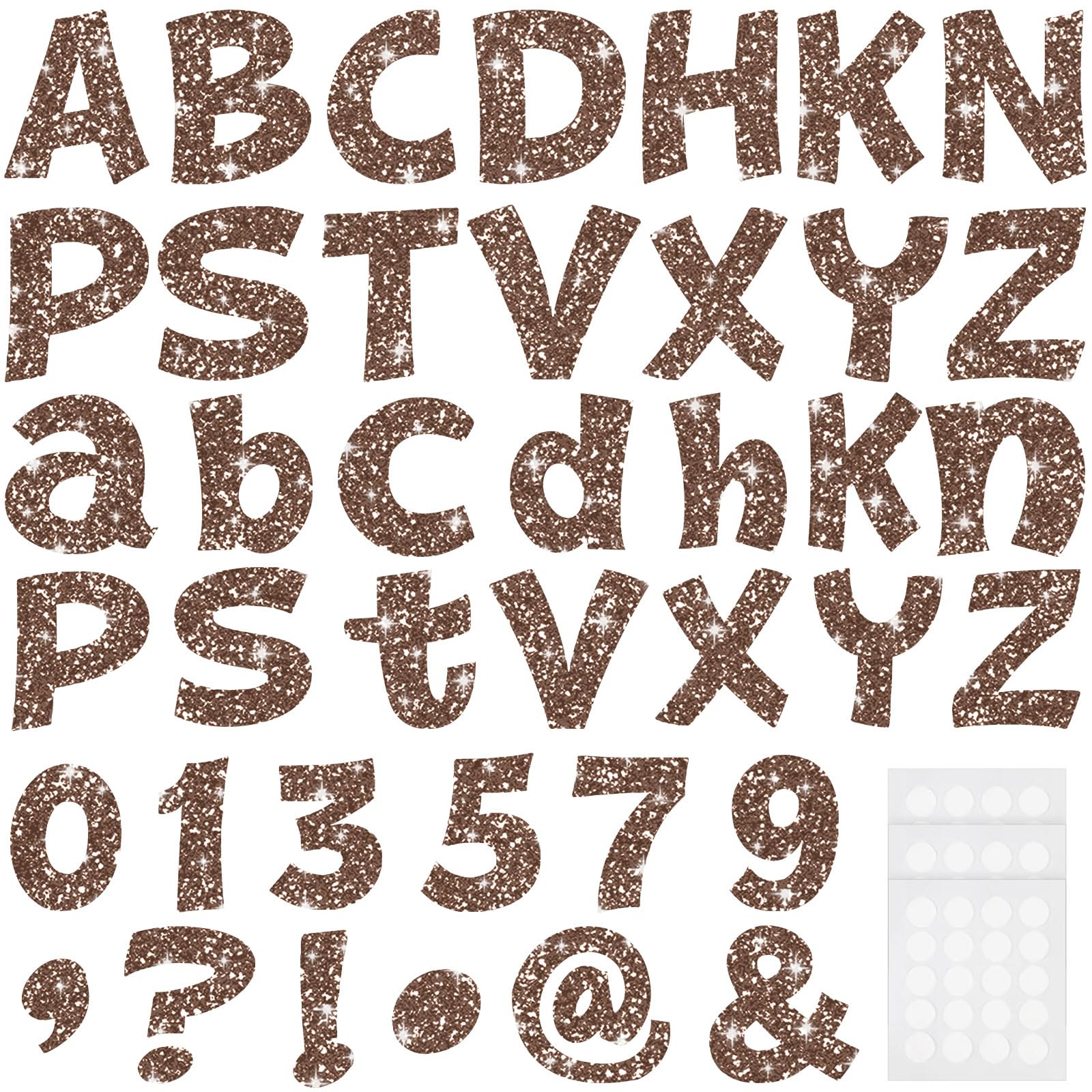 Photo 1 of Colarr 216 Pcs Glitter Bulletin Board Letters for Classroom Numbers Alphabet 4 Inch Poster Board Letters with Adhesive Dots Punctuation Symbols Cutout Bulletin Display School Decor(Brown)