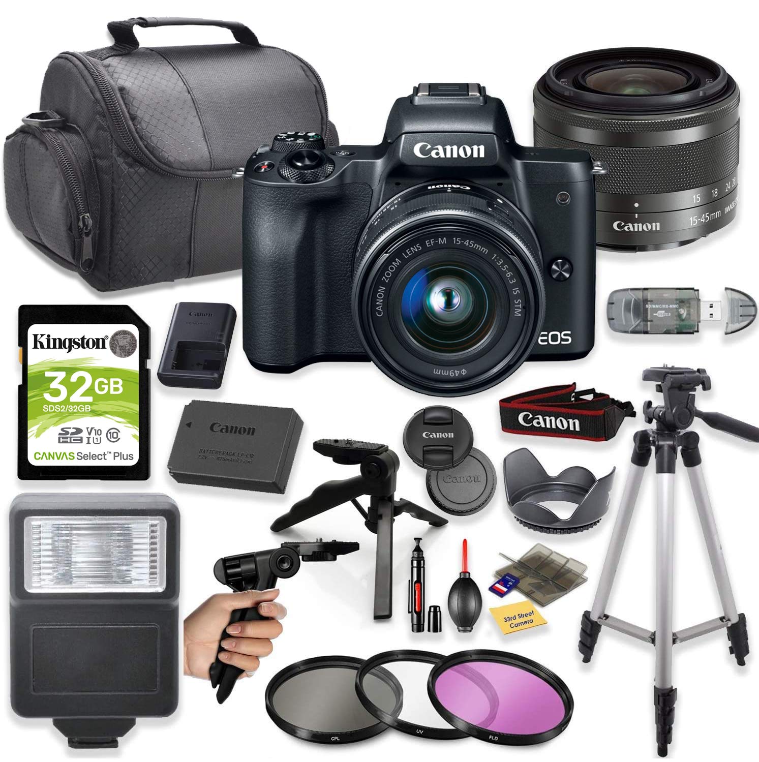 Canon EOS M50 Mirrorless Digital Camera (Black) with 15-45mm STM Lens + Kingston 32GB Card, Camera C