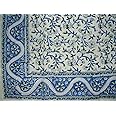 India Arts Hand Block Printed Floral Square Cotton Tablecloth 72" x 72" Blue