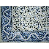 India Arts Hand Block Printed Floral Square Cotton Tablecloth 72" x 72" Blue