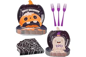 Tyzarglef 120PCS Halloween Plates and Napkins, Disposable Party Plates Serve 30 Guests, Pumpkin Shaped Ghost Spiderweb Design, Include Plastic Forks Tableware Set for Halloween Party Supplies