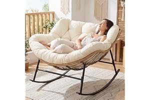 NICESOUL Papasan Rocking Chair with Cushion Indoor Outdoor, Oversized Padded Lounge Rockers, All Weather Deep Wide Egg Rocking Chairs, 450Lbs Large Glider for Living Room, Balcony Xmas Gift, Beige