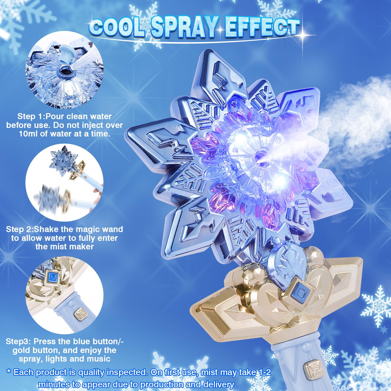 CharmRegion Snowflake Toy Wand with Music Spray Light Up Wands for Kids Girls Princess Cosplay Birthday Party Favors, Blue