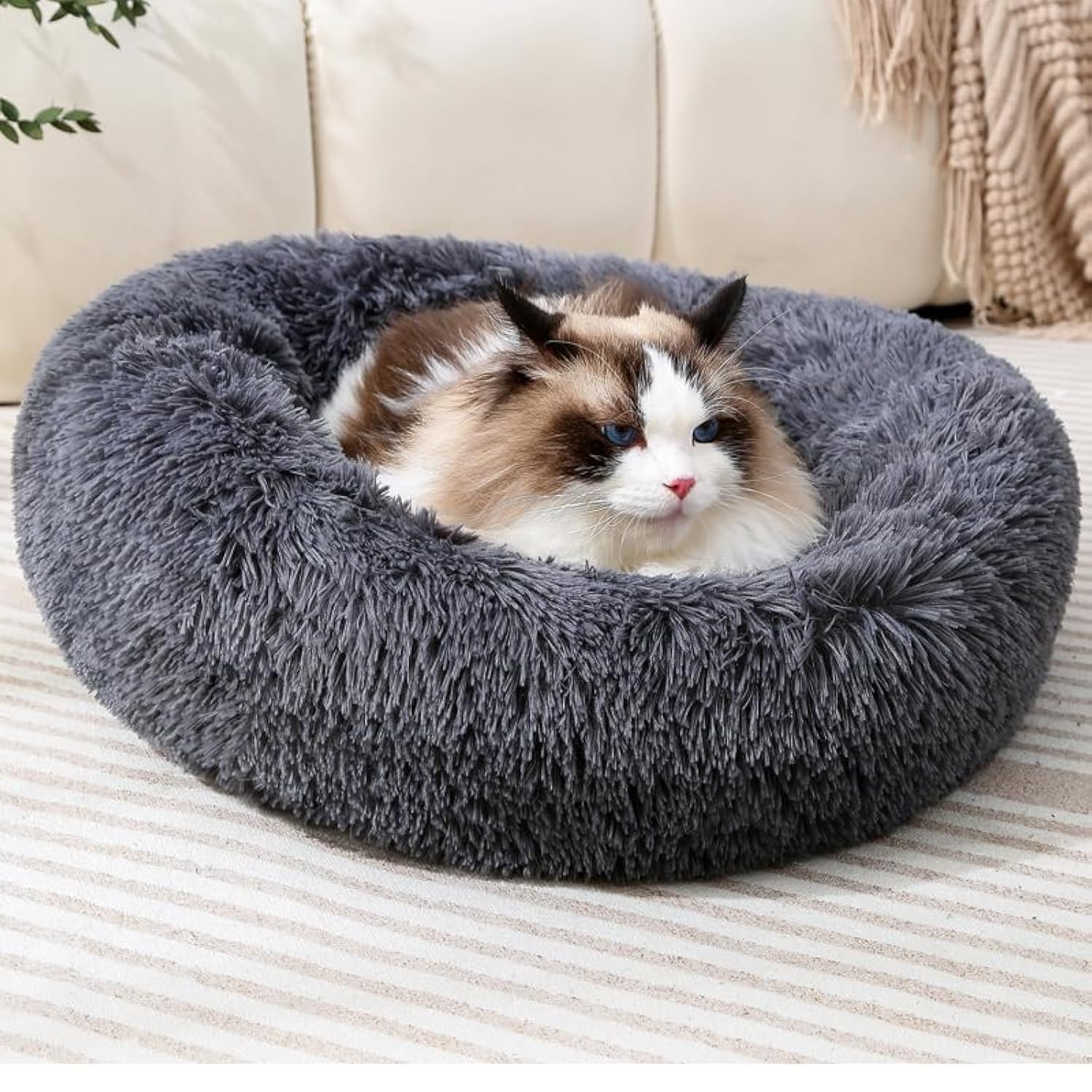 Fhodigogo Plush Donut Dog bed Donut Cat Bed Pet Bed Puppy bed cat sleeping bag with Anti-Slip Bottom Hand Warm Kitten Cover Nest Rabbit Pillow Fit for Small 5KG Pet