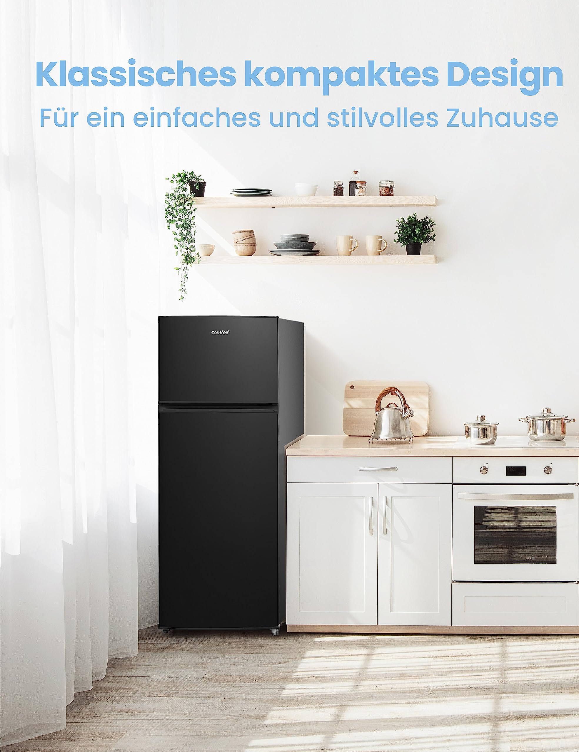 Comfee RCT284DK2A Kühl-/Gefrierkombination/Gefrierteil oben/176 kWh/Jahr/143cm Höhe/LED Licht/Reversibles Türscharnier/Schwarz 8
