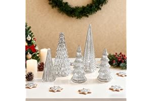 Set of 5 Illuminated Mercury Glass Christmas Trees with LED Lights - 2026 New Upgrade Mercury Christmas Tree Figurines for Ta