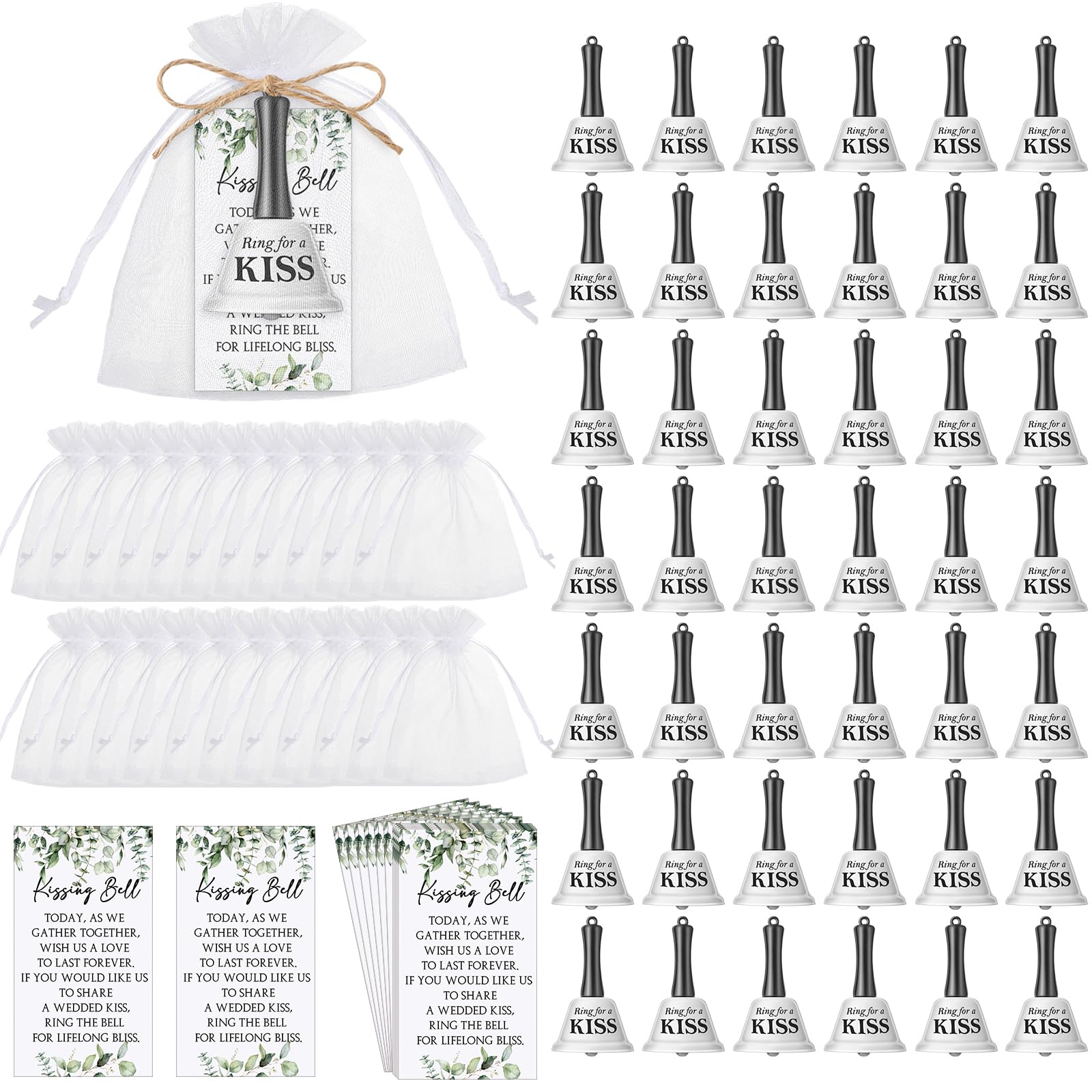 Photo 1 of (MISSING A FEW) Lounsweer 100 Sets Kissing Bells Bulk Wedding Party Favors with Greenery Card Organza Bag Jute Rope Mini Bells for Wedding Reception Favor Goody Bag Supplies
