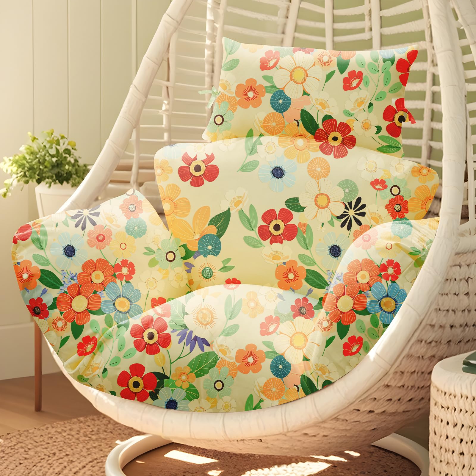 Photo 1 of Uthem Waterproof Egg Chair Cushion Replacement 47x31.5x4.7 inch Thicken Hanging Egg Swing Chair Cushion Indoor Outdoor Wicker Rattan Hammock Basket Cushion with Headrest Pillow, Daisy