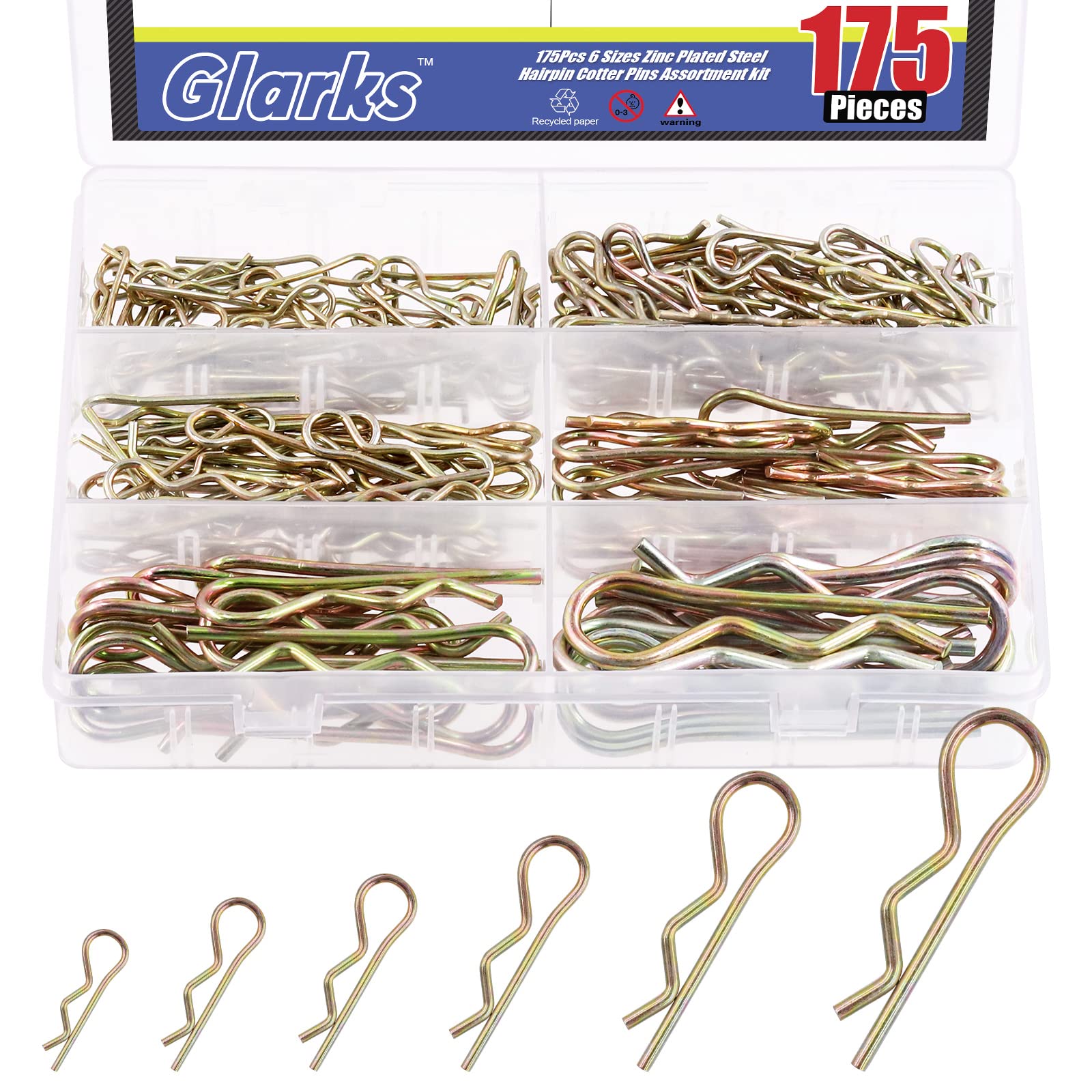 GLARKS G-2399 175Pcs Zinc Plated Carbon Steel R-Type Cotter Pins Assortment Kit for Hitch Pin Lock Systems