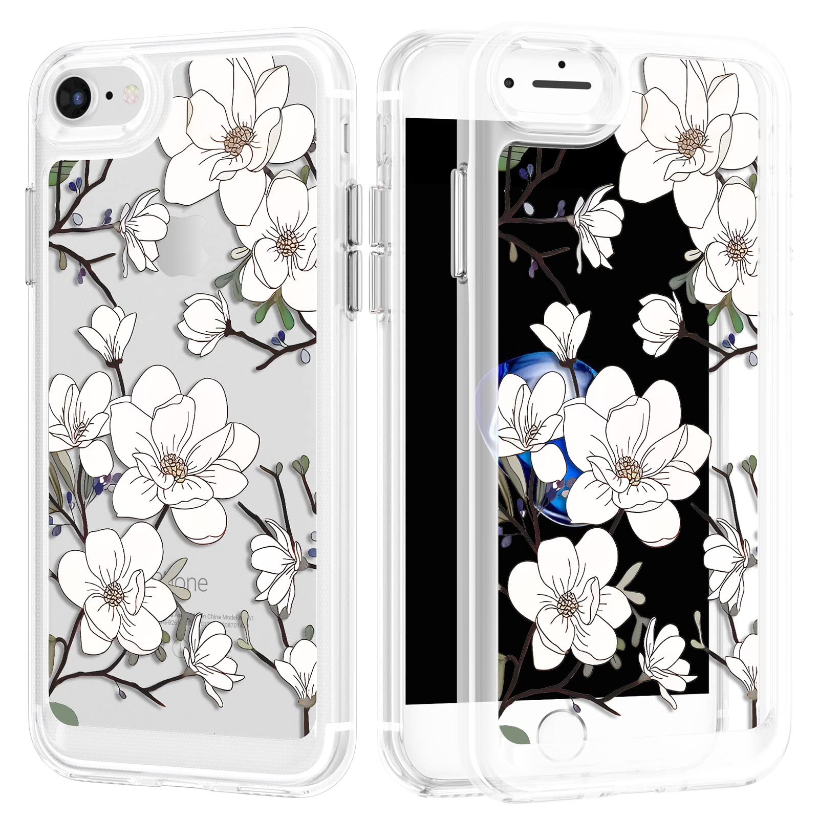 UEEBAI Case for iPhone SE 2022 5G/iPhone 7/iPhone 8/iPhone SE 2020, Clear Slim Protective Floral Cover Soft TPU Edge Hard Back Shockproof Cover with Unique Flowers Design for Women Girls - White