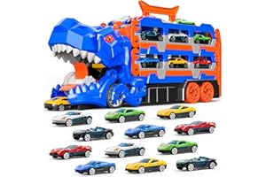 iHaHa Dinosaur Race Track Toys for Ages 3-4 4-6, 59-inches Transport Dinosaur Truck with 12 Die-cast Cars, Carrier Truck Toy Birthday Gifts Toys for 3 4 5 6 Year Old Boy