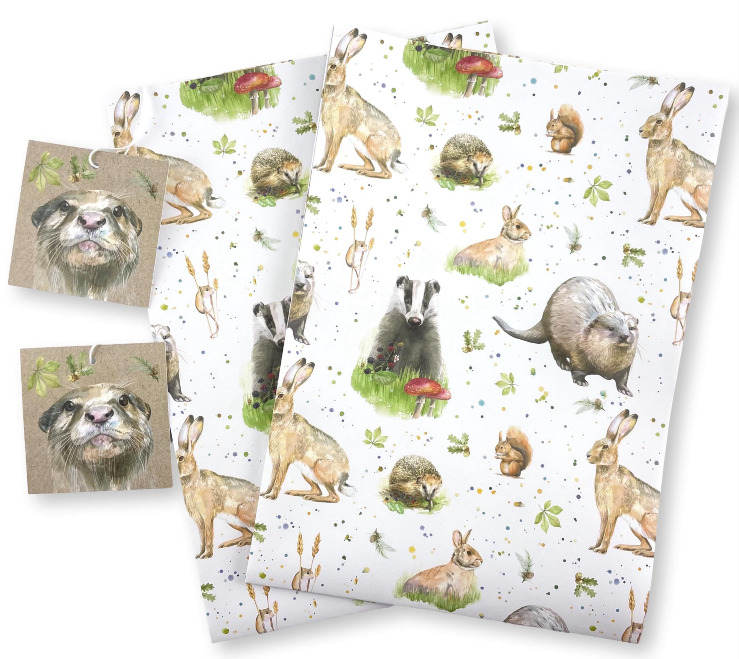 Otters, Badgers, Squirrels, Hares, Rabbit and Mice Country Animal Gift Wrapping - 2 recycled and recyclable gift paper - 2 gift tags - Birthday - Christmas - Mother's Day - Father's Day