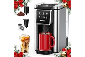 Horavie Single Serve Coffee Maker for K-Cup Pod and Grounds, Hot and Iced Coffee Maker, 6 to 14oz Brew Sizes, 50oz Removable Reservoir, Strong Button Feature, Fit 6.5" Mugs, Stainless Steel, Black