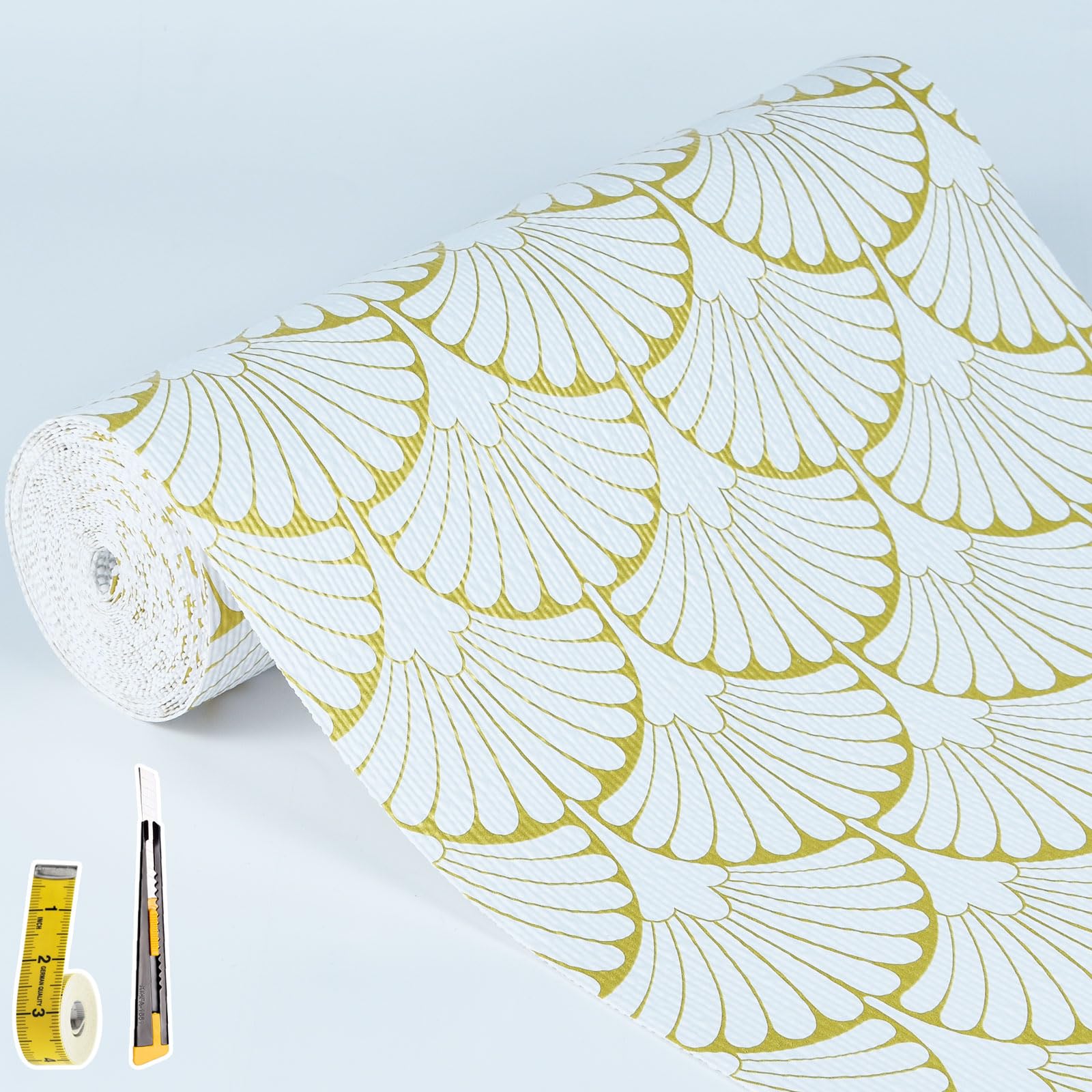 Shelf Liners Non Adhesive Gold Background White Fan-Shaped Pattern - Thickened Non-Slip Easy to Clean Drawer Liner for Kitchen Cabinets, Tool Box,Refrigerator,with Knife & Tape Measure,12in x 20FT. Image