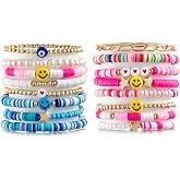 LieToi Preppy Heishi Bracelets Set Colorful White Gold Smile Heart Star Evil Eye Beaded Polymer Clay Pearl Stackable Charm Y2K Kidcore Summer Beach Bohemian Layering Bracelets Jewelry for Women Girls Teens