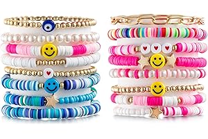 LieToi Preppy Heishi Bracelets Set Colorful White Gold Smile Heart Star Evil Eye Beaded Polymer Clay Pearl Stackable Charm Y2K Kidcore Summer Beach Bohemian Layering Bracelets Jewelry for Women Girls Teens