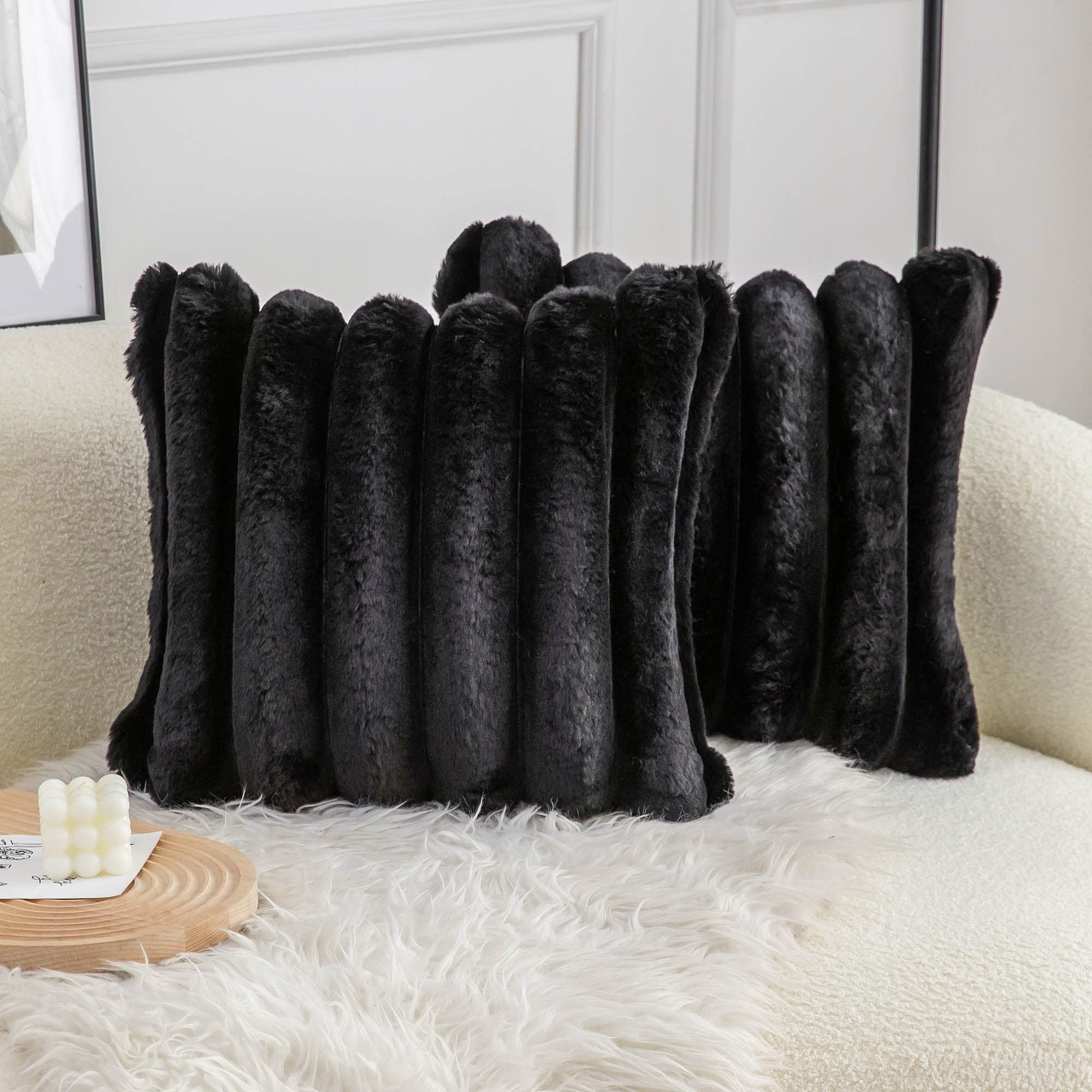 Neelvin Black Faux Fur Cozy Soft Striped Decorative Throw Pillow Covers ...