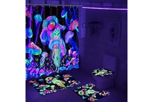 Alishomtll 4 Pcs Blacklight Astronaut Kids Shower Curtain Sets with Rugs, Black Light Space Bathroom Set with Shower Curtain and Rugs, Mushroom Jellyfish Bathroom Sets Decor for Men