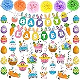 25Pcs Easter Decorations Set with Happy Easter Banner, Easter Egg Garland, Pompoms & Hanging Swirls for Home, Classroom, Easter Party Decorations Indoor