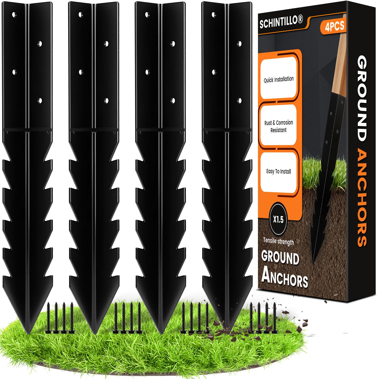 SCHINTILLO Ground Anchor Fence Post Spike, 4PCS Ground Anchors Heavy Duty for Square Wooden Post, Swing, Play Tower(3mm Thickened Steel)