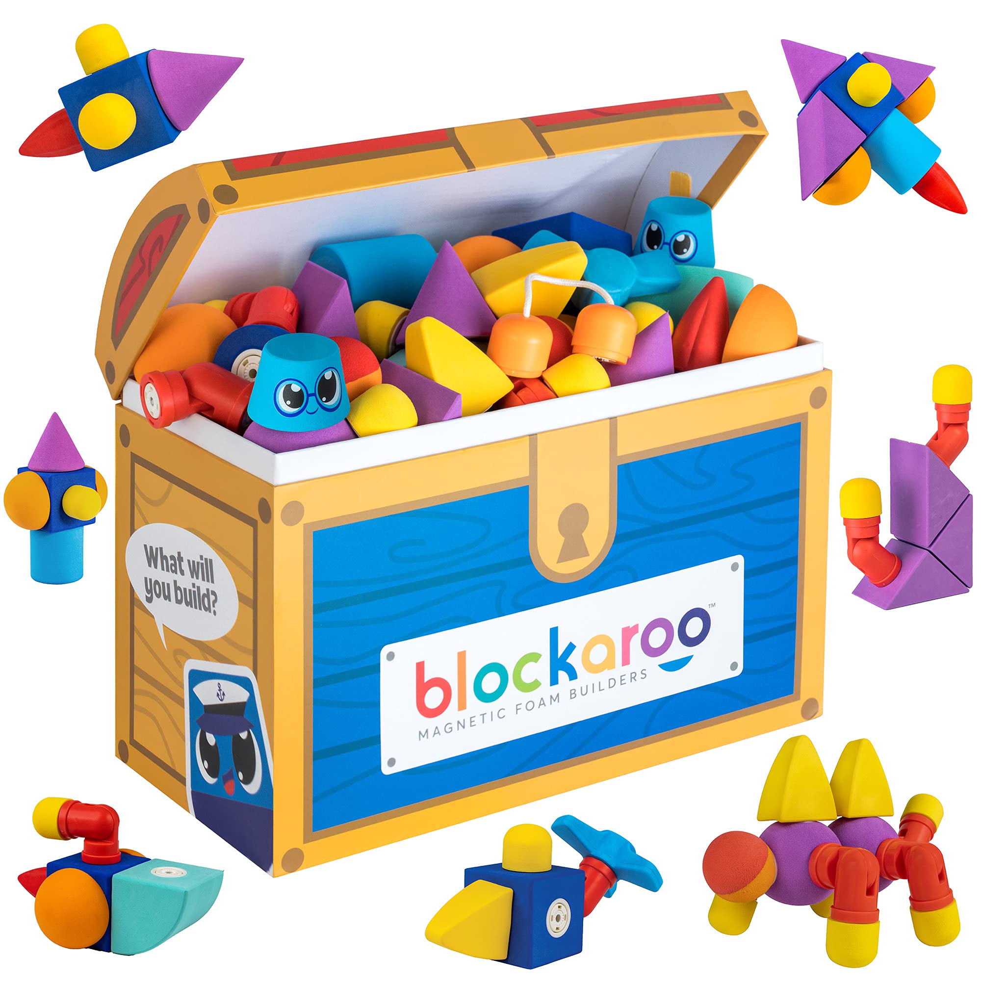 Blockaroo Magnetic Foam Building Blocks - 100-Piece Set with Storage Chest, Bath Toys for Toddlers, Preschool Toys, Sensory Toys, Blocks for Toddlers 3-5, Engineering Toys for Kids 3-5 Image