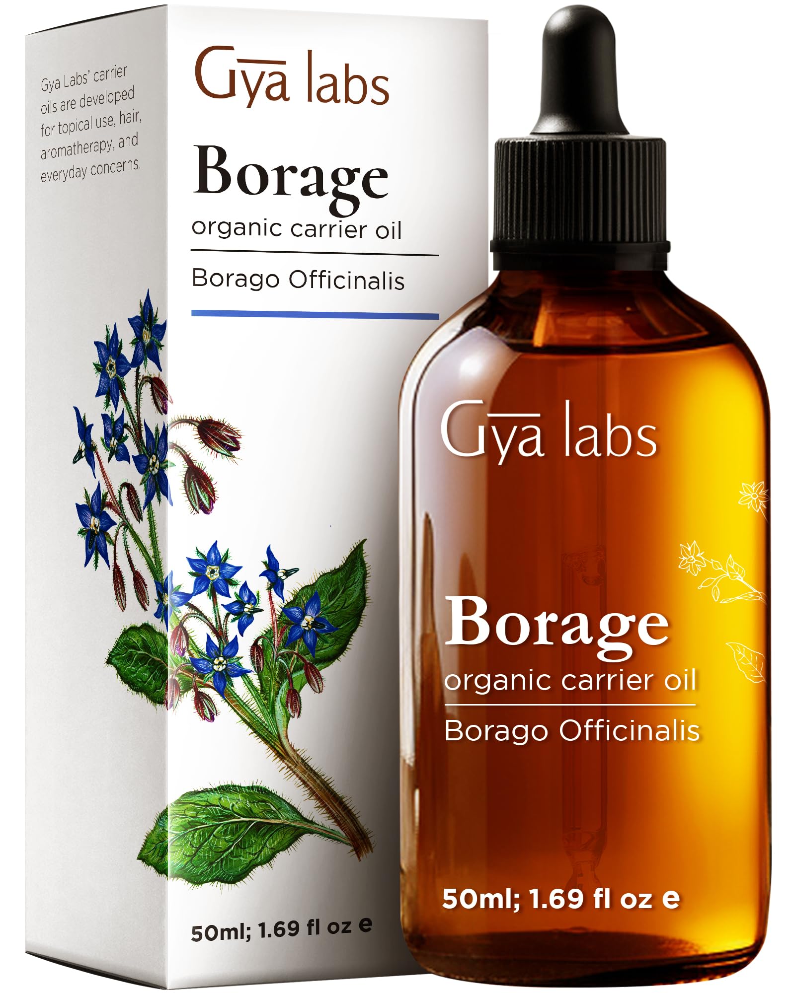 Gya Labs Organic Borage Carrier Oil for Skin - Pure Borage Oil Cold Pressed for Hair - Unrefined Borage Oil for Face, Lotions, Healing & Comforting (50ml)
