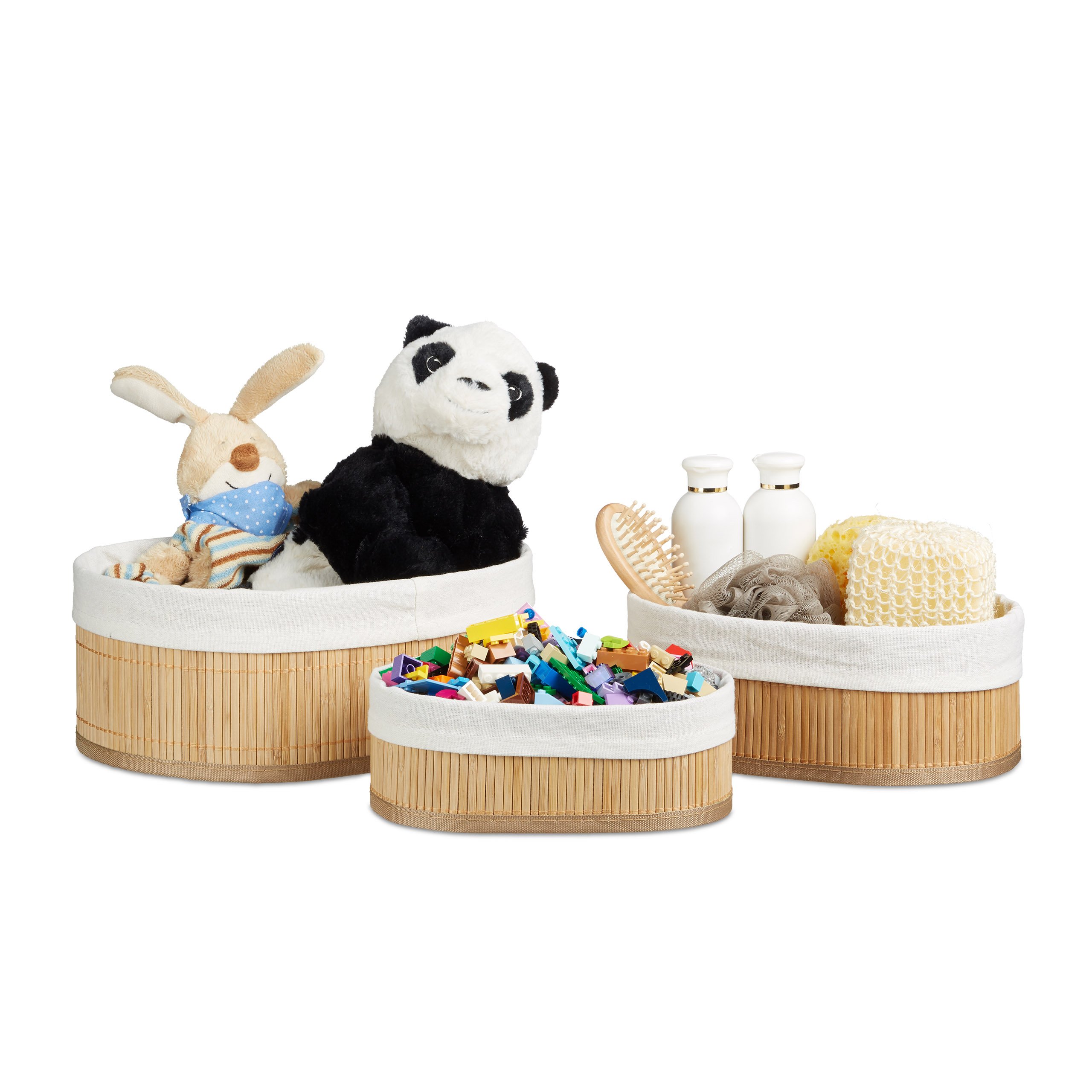 Relaxdays Bamboo Set of Shelf Baskets, 12.5 x 32 x 22 cm, Oval, 3 Storage Bins, for Closets and Shelves, Brown