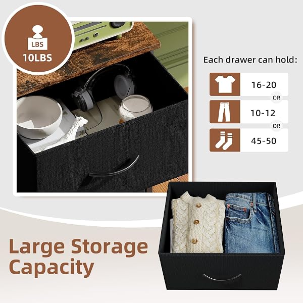 SOMDOT NIGHTSTAND, SMALL 2 DRAWER DRESSER END TABLE, CHEST OF DRAWERS, BEDSIDE TABLE NIGHT STAND END TABLE WITH FABRIC BINS FOR BEDROOM KIDS CLOSET DORM GUEST ROOM, BLACK RUSTIC BROWN