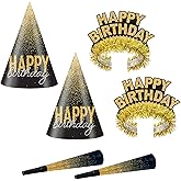 Beistle 16 Piece Silver & Gold Birthday Party Supplies Box with Happy B-Day Cone Hats, Tiaras, Horns