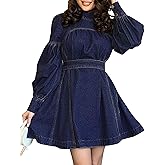 POTILI Denim Dress for Women Puff Long Sleeve, Mock Neck Babydoll Jean Mini Dress with Tie and Pocket
