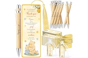 Lot de 90 cadeaux Winnie pour fête prénatale, comprend 30 stylos à bille pour fête prénatale, 30 marque-pages de remerciement