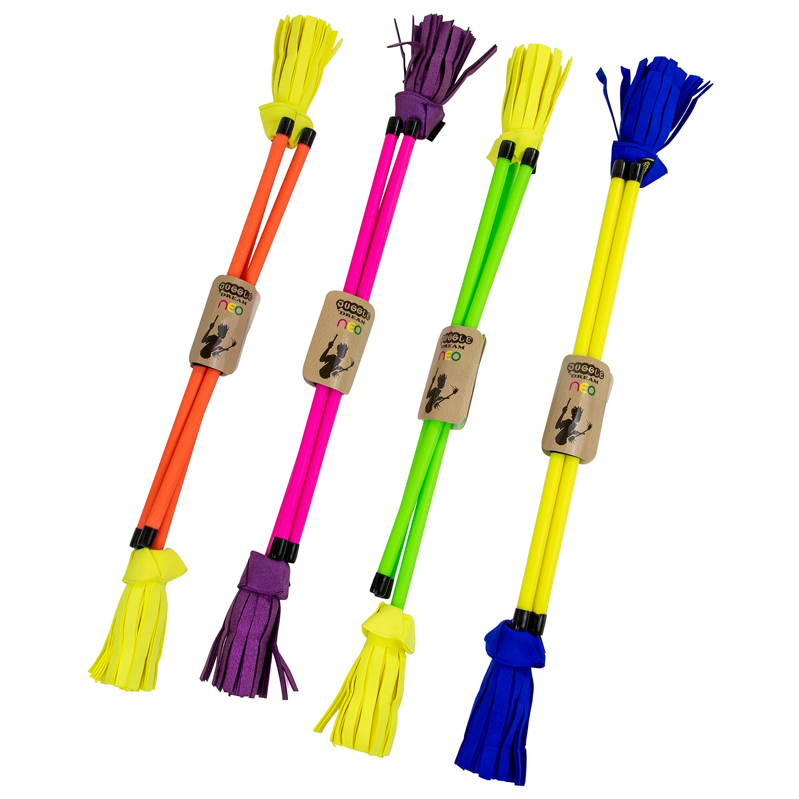 Juggle Dream Neon Flowerstick incl. Control Sticks — Juggling Set — Virtually Unbreakable Fibreglass Stick Covered in Ulta Bright Neon Silicon. Featuring Psuede Bright Flowers Ends (Orange/Yellow)