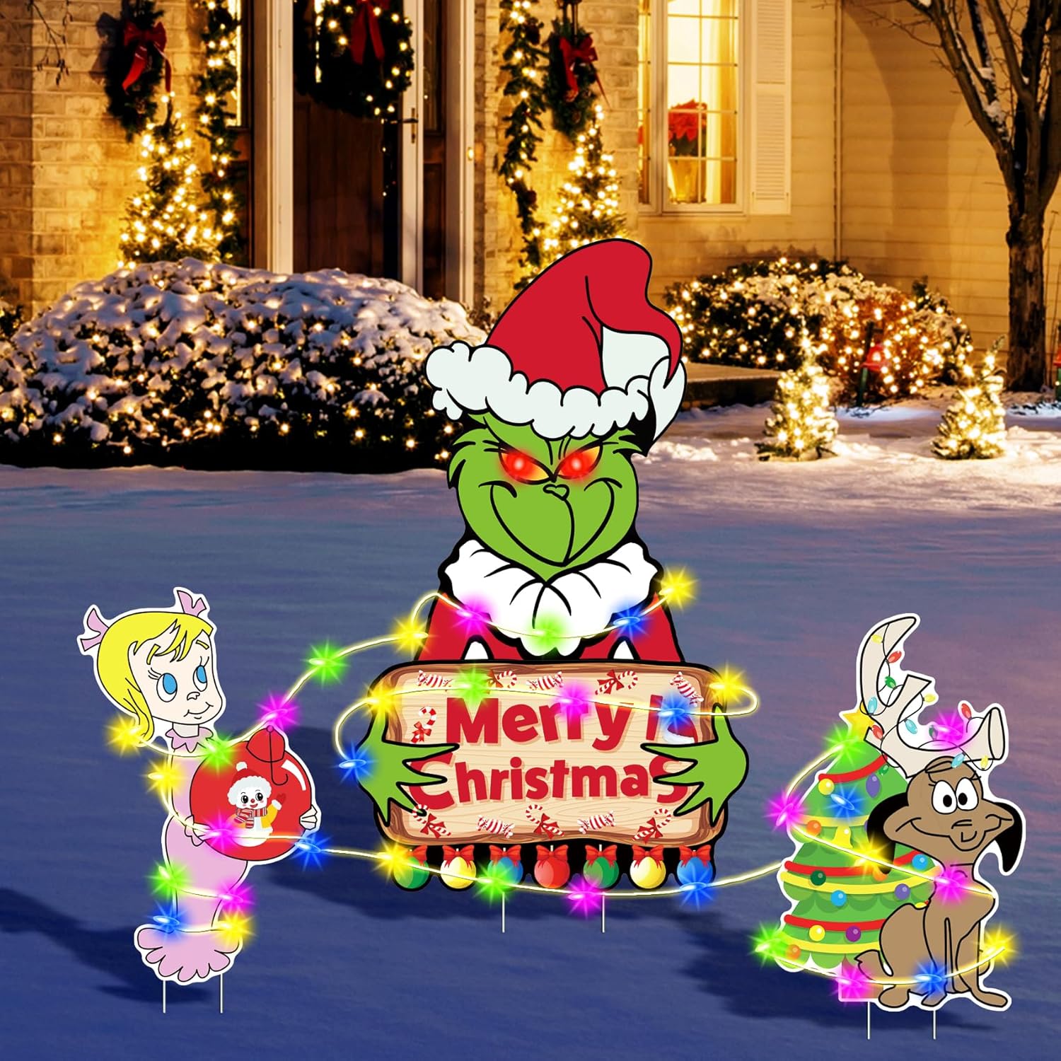 Yard Signs - Christmas Yard Signs with LED String Lights, Christmas Yard Signs Stakes with LED Light Up Eyes for Garden Yard Merry Christmas Decorations Outside for Xmas Garden Lawn Decor Party Supplies