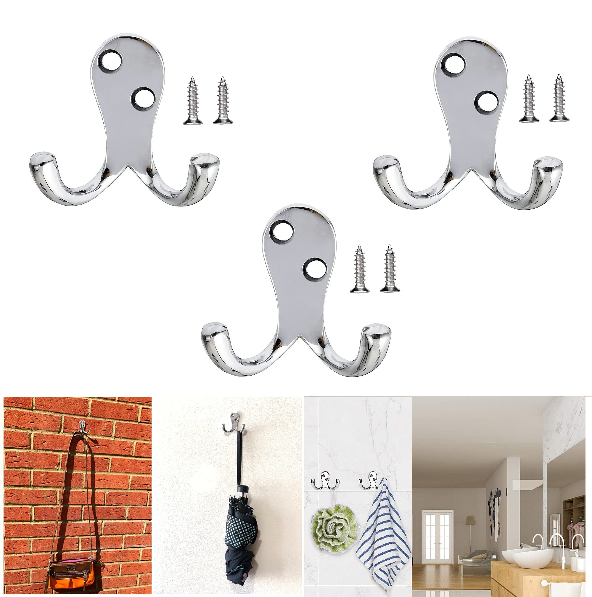 TERF® Polished Chrome Twin Wall Mounted & Door Hooks Hat Coat Robe Hooks for Bathroom Bedroom Kitchen Office Door Hooks with Fixing Screw - Pack of 3 — image 1