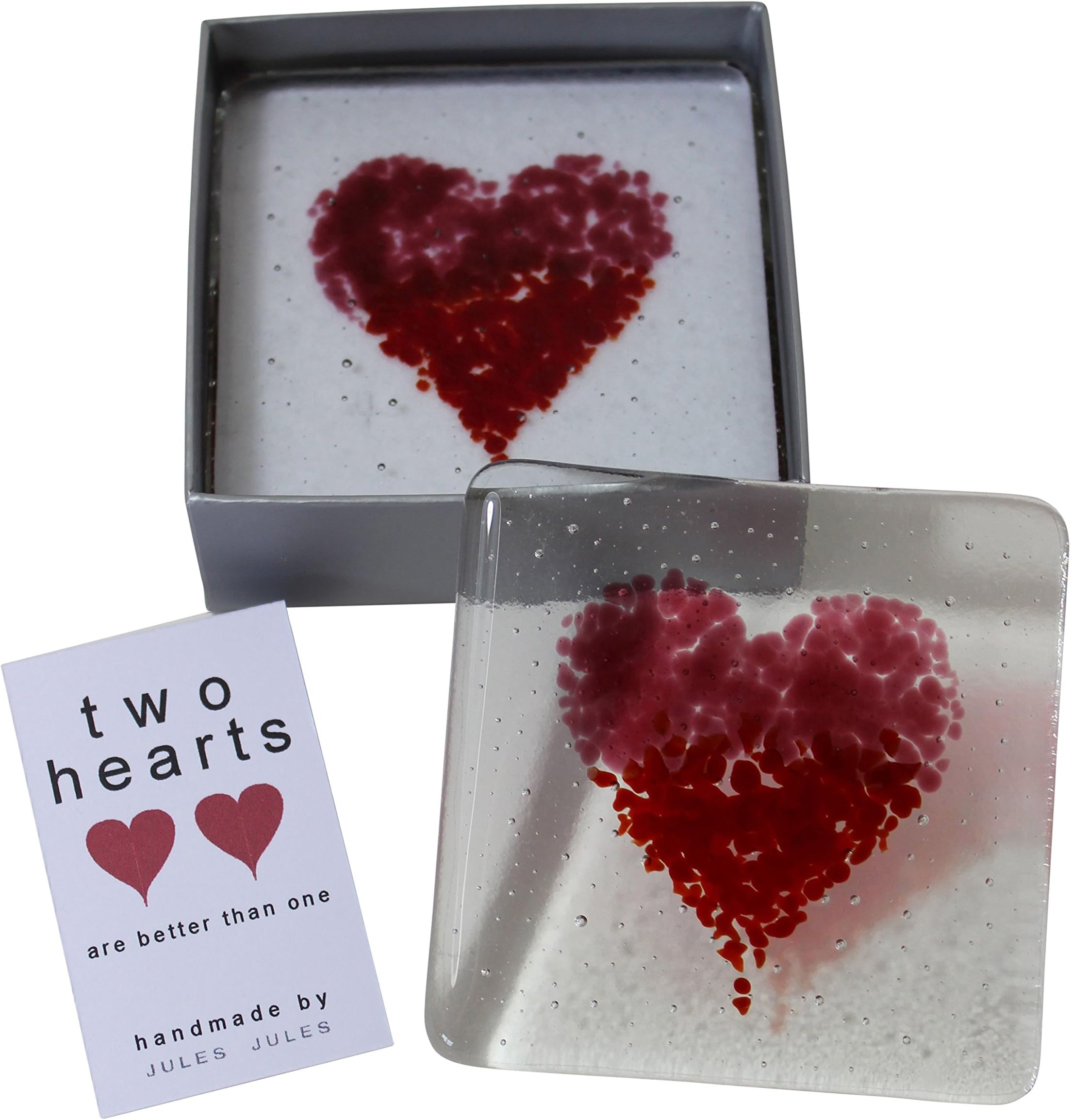 Pair of Handcrafted Glass Coasters Featuring a Red Heart Love Valentine's Day