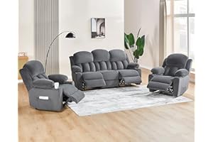 VanAcc Recliner Couch, 85 inch 3 Seater Sofa Recliner with Cup Holders- Comfy Couch with Dual Wingback Recliner and Chair for Living Room, Oversized 3 Pieces Recliner Set(Grey)