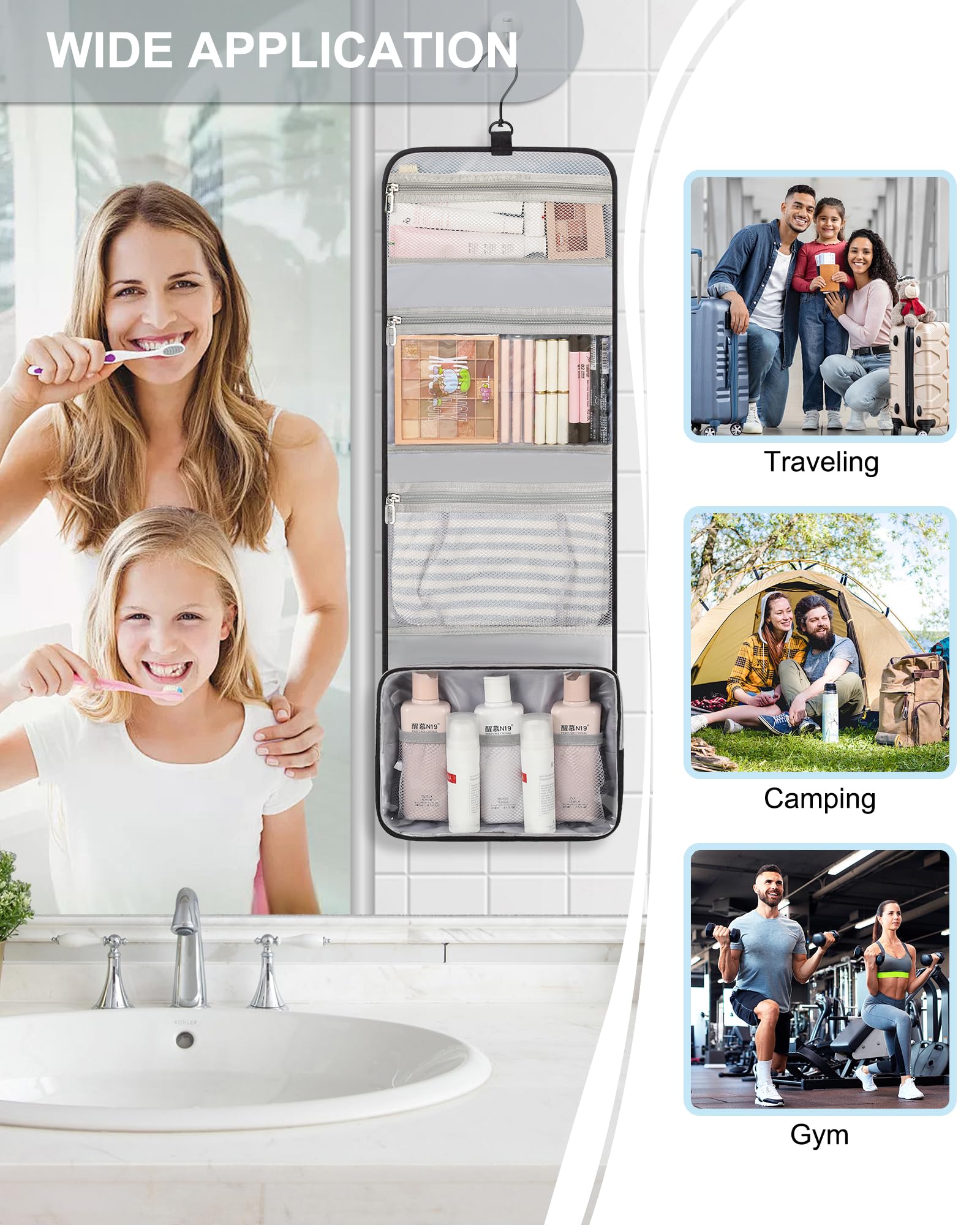 Relavel Travel Hanging Toiletry Bag for Men Women Travel Kit Shaving Bag Waterproof Large Makeup Bag Wash Bag Makeup Organizer Cosmetic Case for Bathroom Shower Black